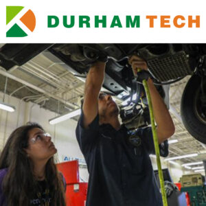 Text reading "Durham Tech" with picture underneath of a Chapel Hill Tire mechanic repairing a vehicle while a college student watches