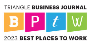 White letters with different colored backgrounds reading "BPTW" with other text describing how Chapel Hill Tire was named 2023 Best Places to Work by Triangle Business Journal